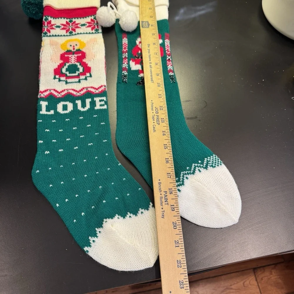 Vintage‎ Knit Christmas Stockings Santa Angel  Pair Holiday Decor Retro